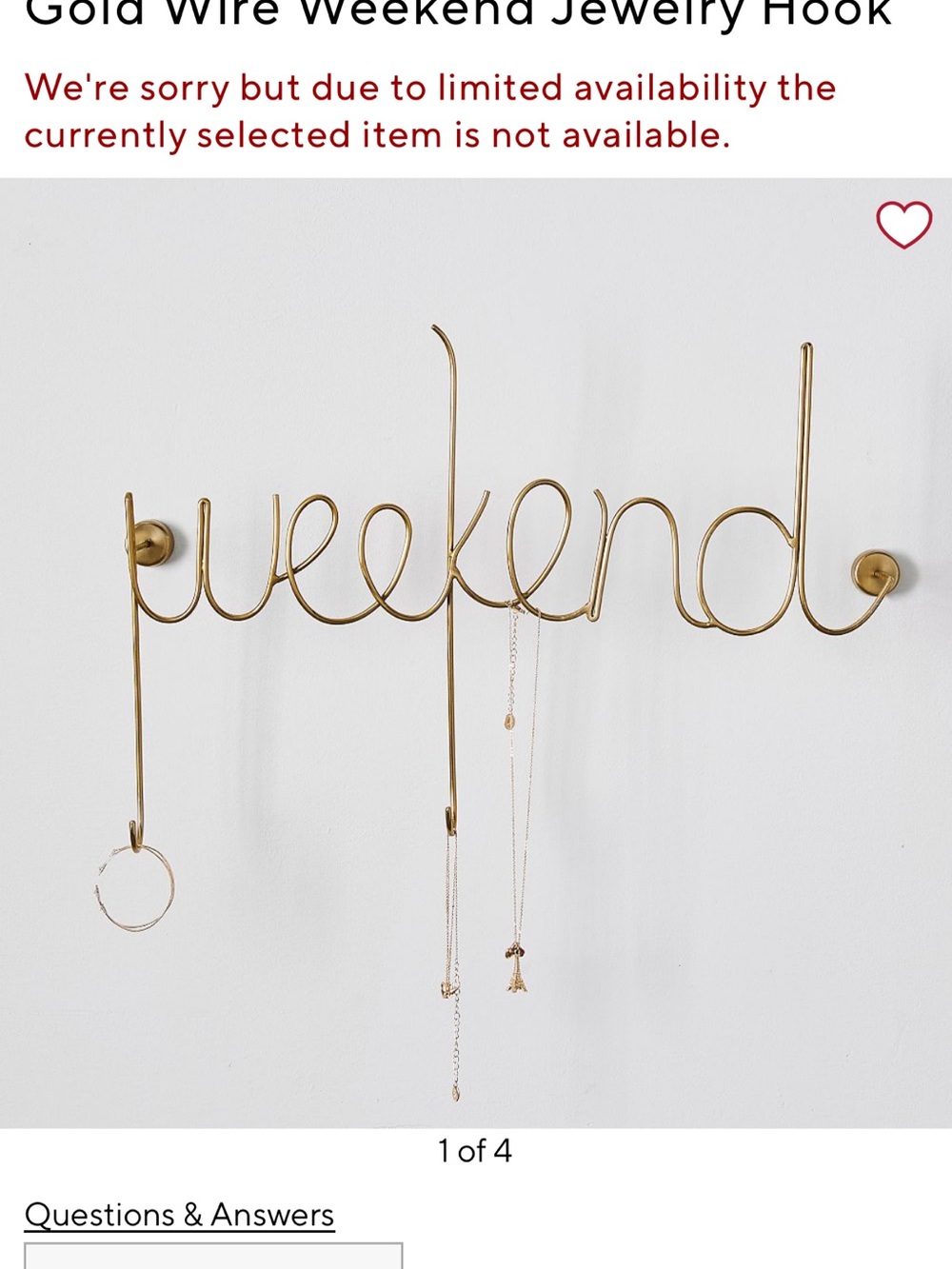 Pottery Barn Gold "Weekend" Wire Wall Hook - Jewelry Hanger